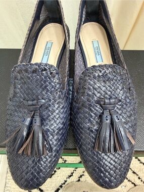 Prada Navy Woven Leather Tassel Loafers
